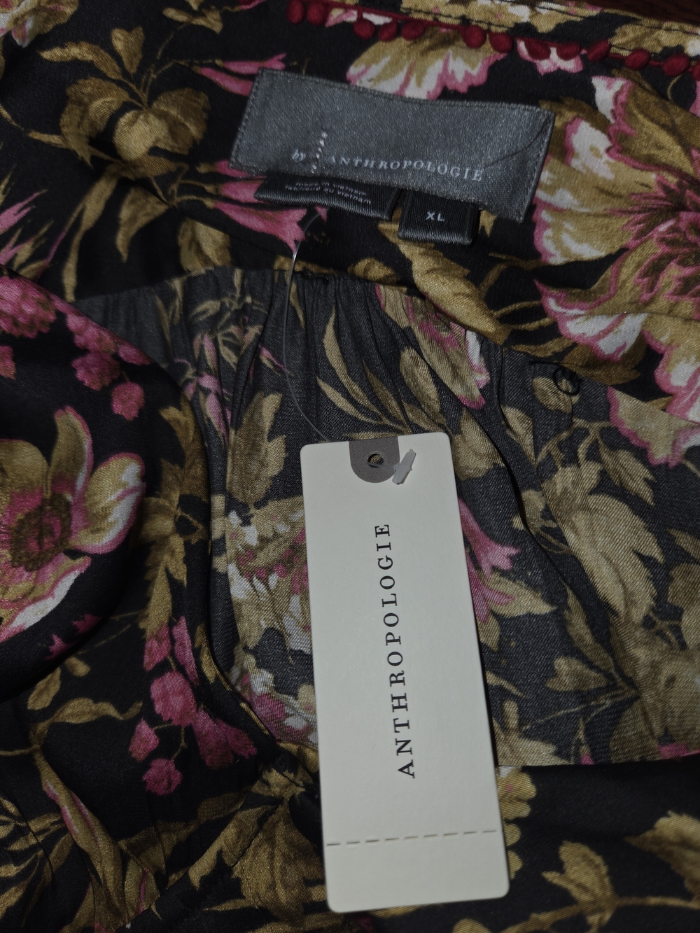 Anthropologie Black Floral V-Neck XL Long-Sleeve Blouse ruffle autumn fall - Picture 12 of 14
